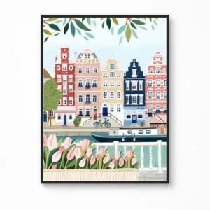 Canal Houses in Amsterdam Canvas Poster — Animated Travel Wall Art