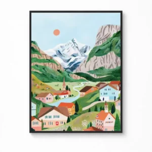 Alpine Village in Switzerland Canvas Poster — Animated Travel Wall Art
