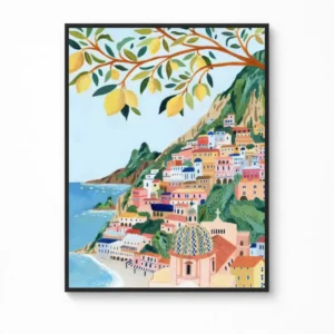 Coastal Village in Amalfi Coast Canvas Poster — Animated Travel Wall Art