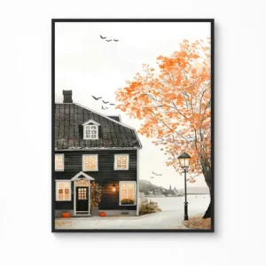 Autumn Lakeside in Bergen Canvas Poster — Animated Travel Wall Art