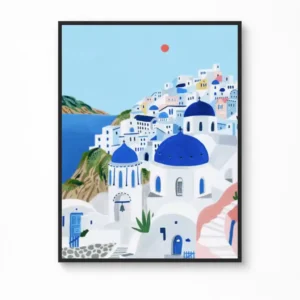Cliffside Village in Santorini Canvas Poster — Animated Travel Wall Art