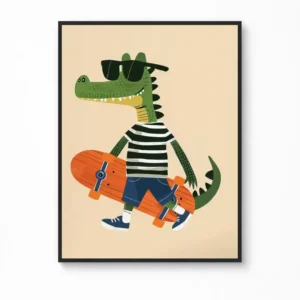 Crocodile Skateboarding Illustration Canvas Poster — Kids Animal Wall Art
