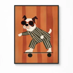 Dog Skateboarding Illustration Canvas Poster — Kids Animal Wall Art