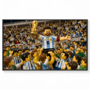 Lionel Messi Lifts the FIFA World Cup Trophy (Argentina – FIFA World Cup 2022) LEGO-Inspired Canvas Poster